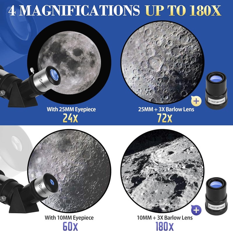 MEEZAA Telescope, Telescope for Adults High Powered, 80mm Aperture 600mm Portable Refractor Telescopes for Astronomy Beginners Fully Multi-Coated Optic High Transmission with Phone Adapter & Carry Bag - Image 3